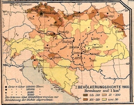 Mapa hustoty zalidnění v Rakousku-Uhersku v roce 1910.