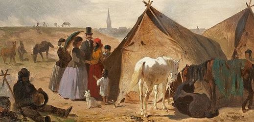 Obraz Cikánský tábor před Düsseldorfem, Emil Volkers (1831–1905).