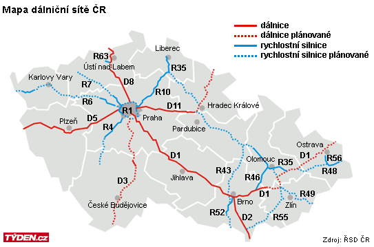 Aktuální dálniční síť v Česku.