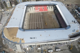 Letecký záběr na nový stadion fotbalistů Slavie v Edenu.