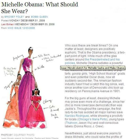 Návrhy šatů pro Obamovou z listu Women's Wear Daily.
