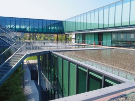 Střechy vývojového centra tvoří vodní plochy pokrývající oblázky.