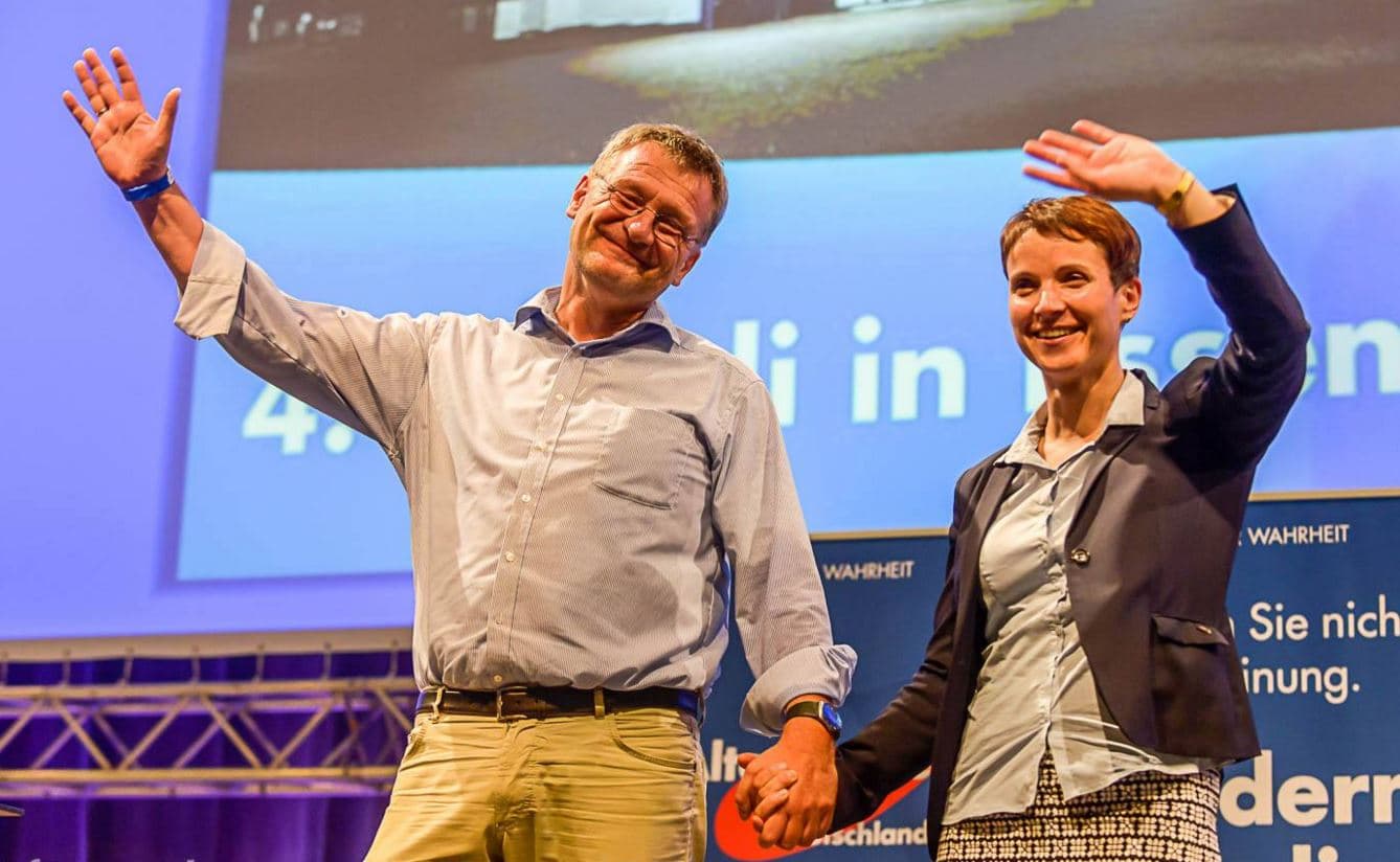 Frauke Petry a Jörg Meuthen.  Spolupředsedové AfD mají důvod k radosti. 