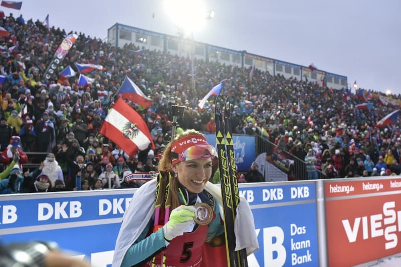 Gabriela Koukalová po výhře v Novém Městě na Moravě. 