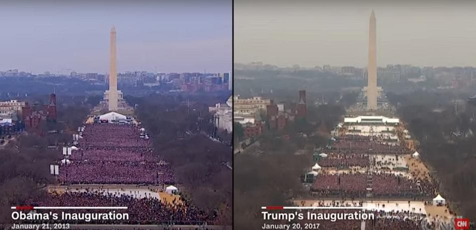 Záběry televize CNN. Vlevo Obamova inaugurace v roce 2013, vpravo Trumpova v roce 2017.