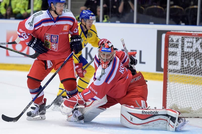 Český brankář Jakub Kovář v dresu české hokejové reprezentace.