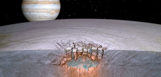 Nehluboko pod povrchem Europy jsou v ledu ukryta jezera kapalné vody.