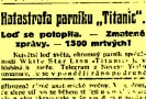 Katastrofa parníku Titanic líčená v článku Lidových novin ze 16. dubna 1912.