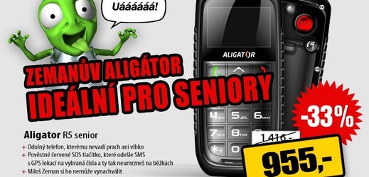 Zemanův proslulý mobil Aligátor pro seniory se stal reklamním hitem pro firmu prodávající elektroniku.