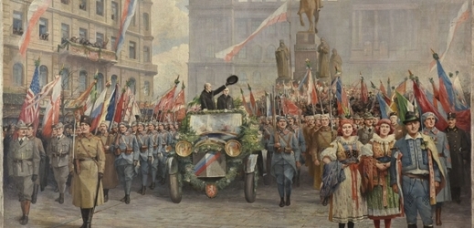 Na snímku je jeden z dochovaných obrazů Příjezd Masaryka na Václavské náměstí v prosinci 1918.