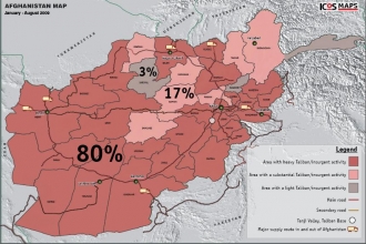 Stálá přítomnost Talibanu je až na 80 % území. Mapa think-tanku ICOS.