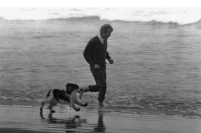 Robert F. Kennedy se proíhá se svým psem Frecklesem (1968).